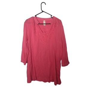Decorated Originals Pink Gauze Rhinestone Long Sleeve Tunic Top Womans Size 2XL‎